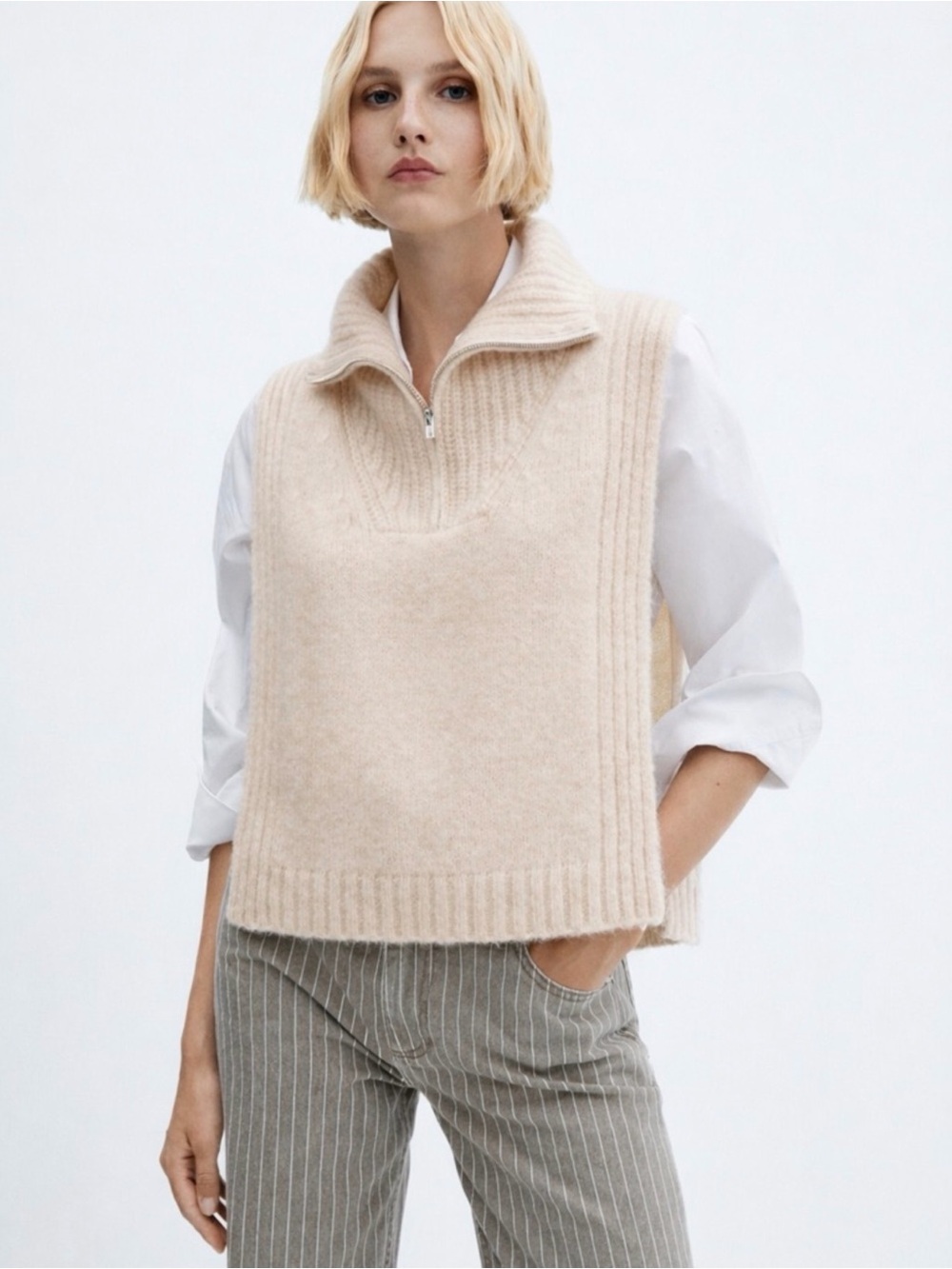 H&M Cream Half Zip Knit Sweater Vest Open Side Minimalist - Picture 3 of 15